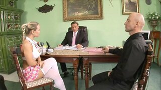 Zwou geile Schoulmeeschter bestrafen freche college babe Mia Leone with big juggers